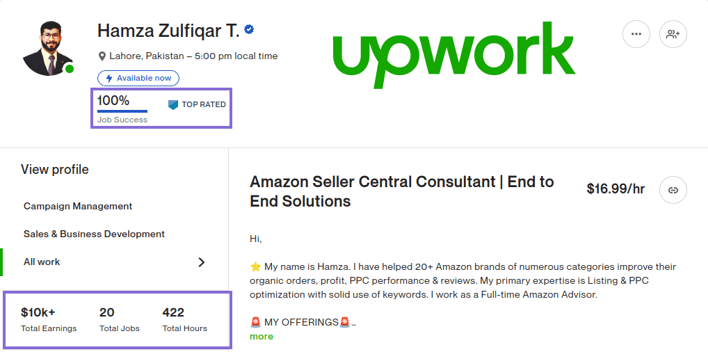 Upwork profile screenshot